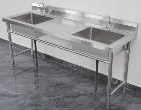 Commercial Kitchen Double Sink Bench Stainless Steel - 8000x600x900mm